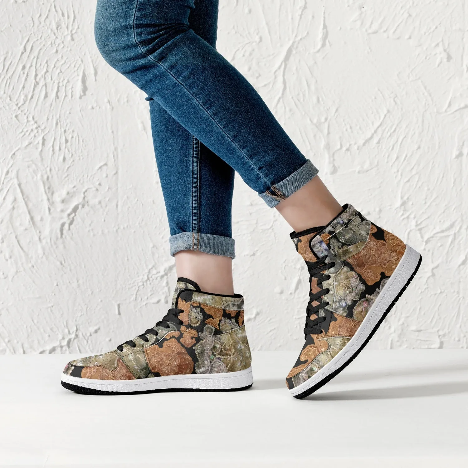 209. High-Top Leather Sneakers - White / Black 'Nude embroidery'