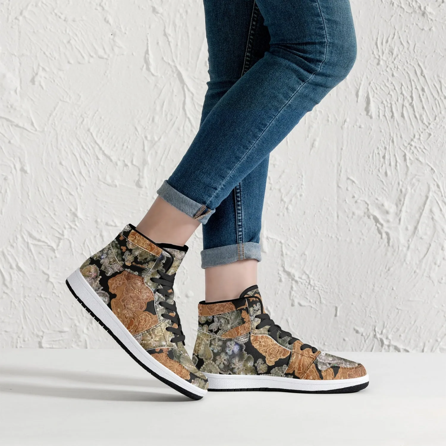 209. High-Top Leather Sneakers - White / Black 'Nude embroidery'