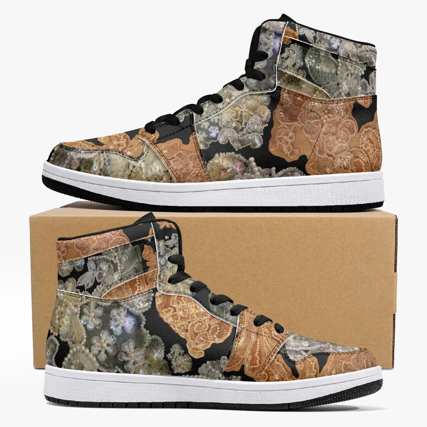 209. High-Top Leather Sneakers - White / Black 'Nude embroidery'