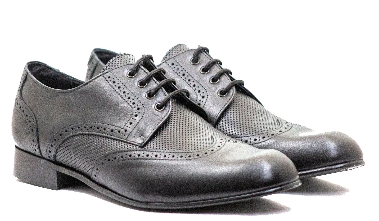 Andanines Boys Black Leather Wing Tip Lace Up Dress Shoe 162675