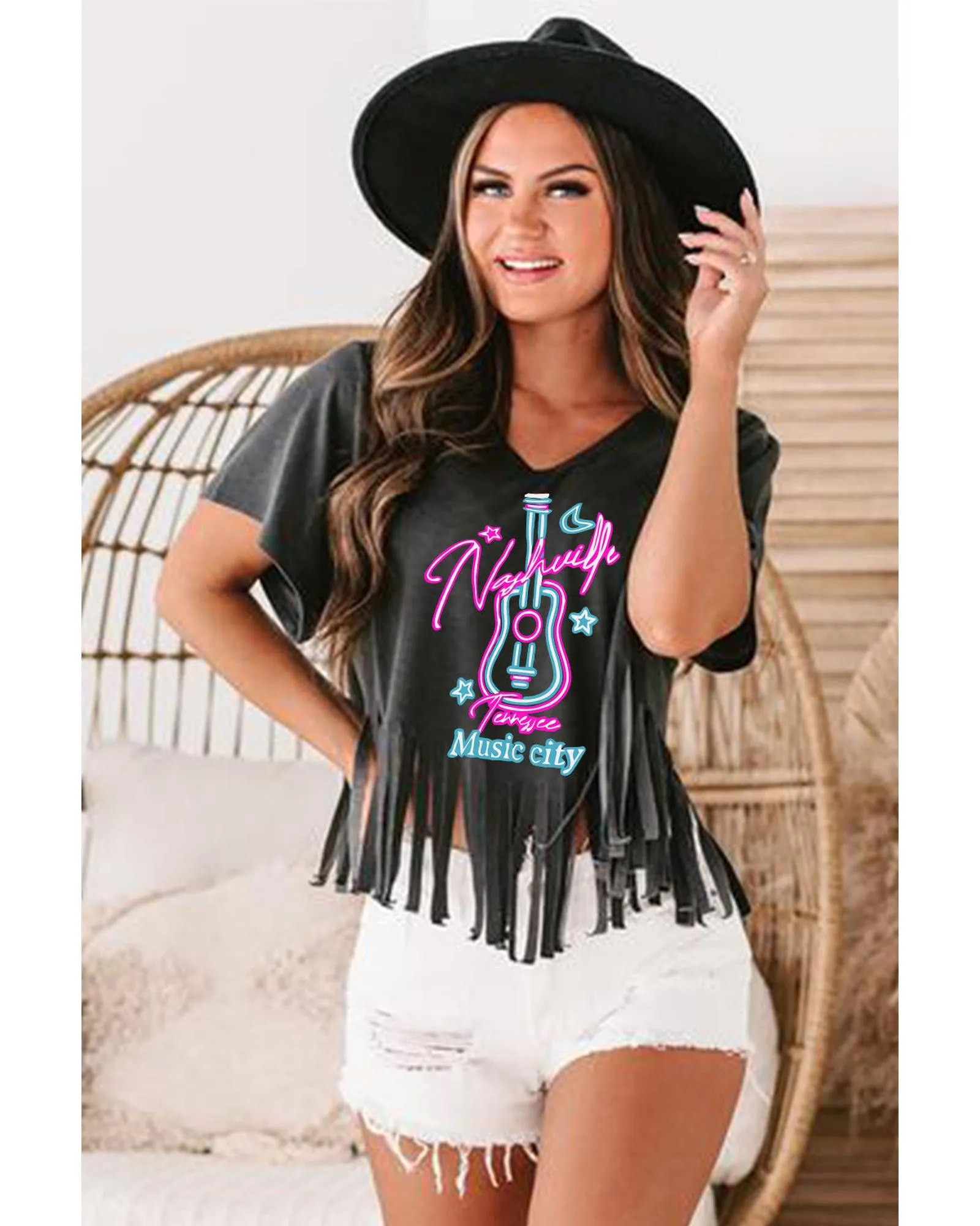 Azura Exchange Guitar Slogan Print Fringed V Neck Graphic Tee - XL