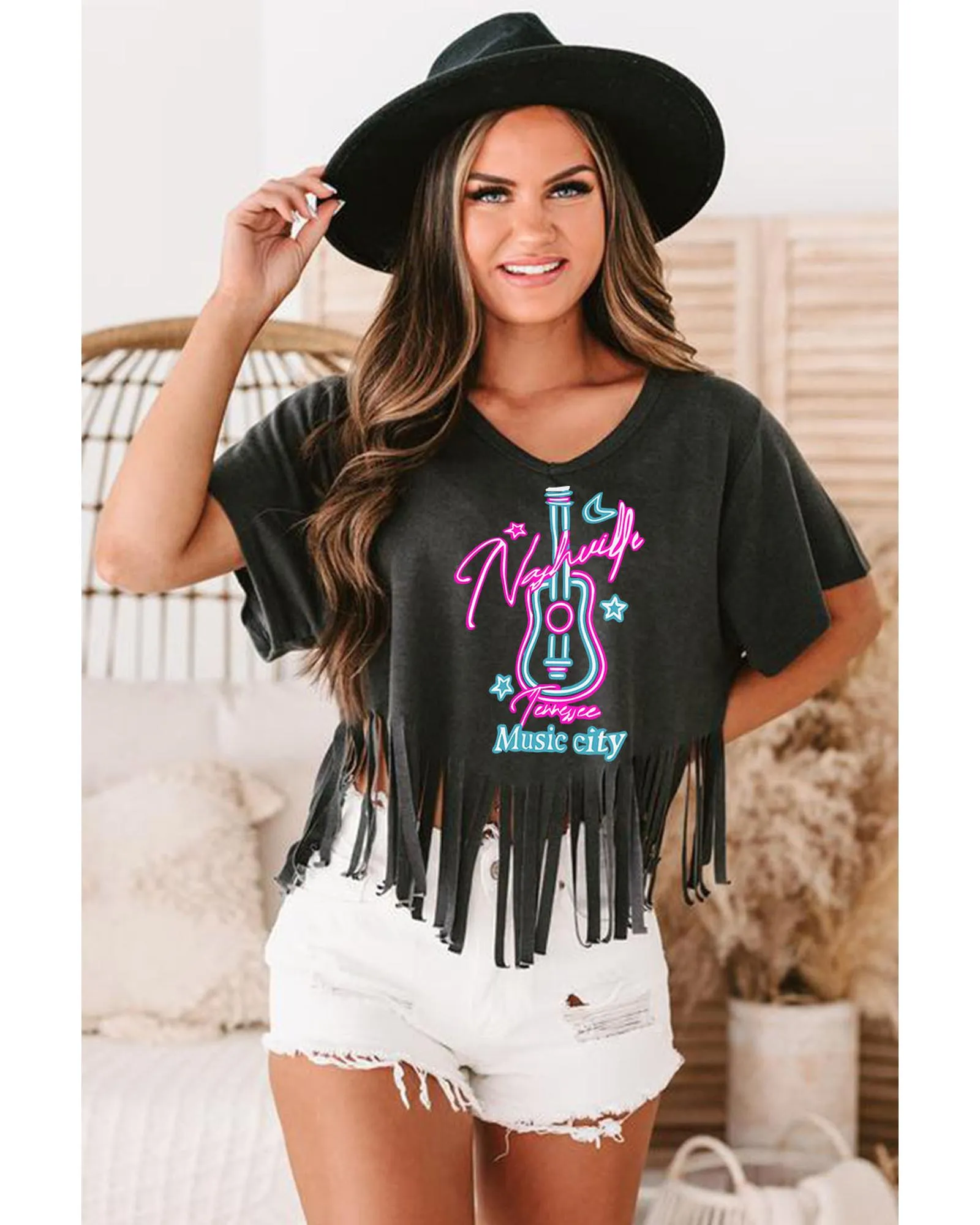 Azura Exchange Guitar Slogan Print Fringed V Neck Graphic Tee - XL