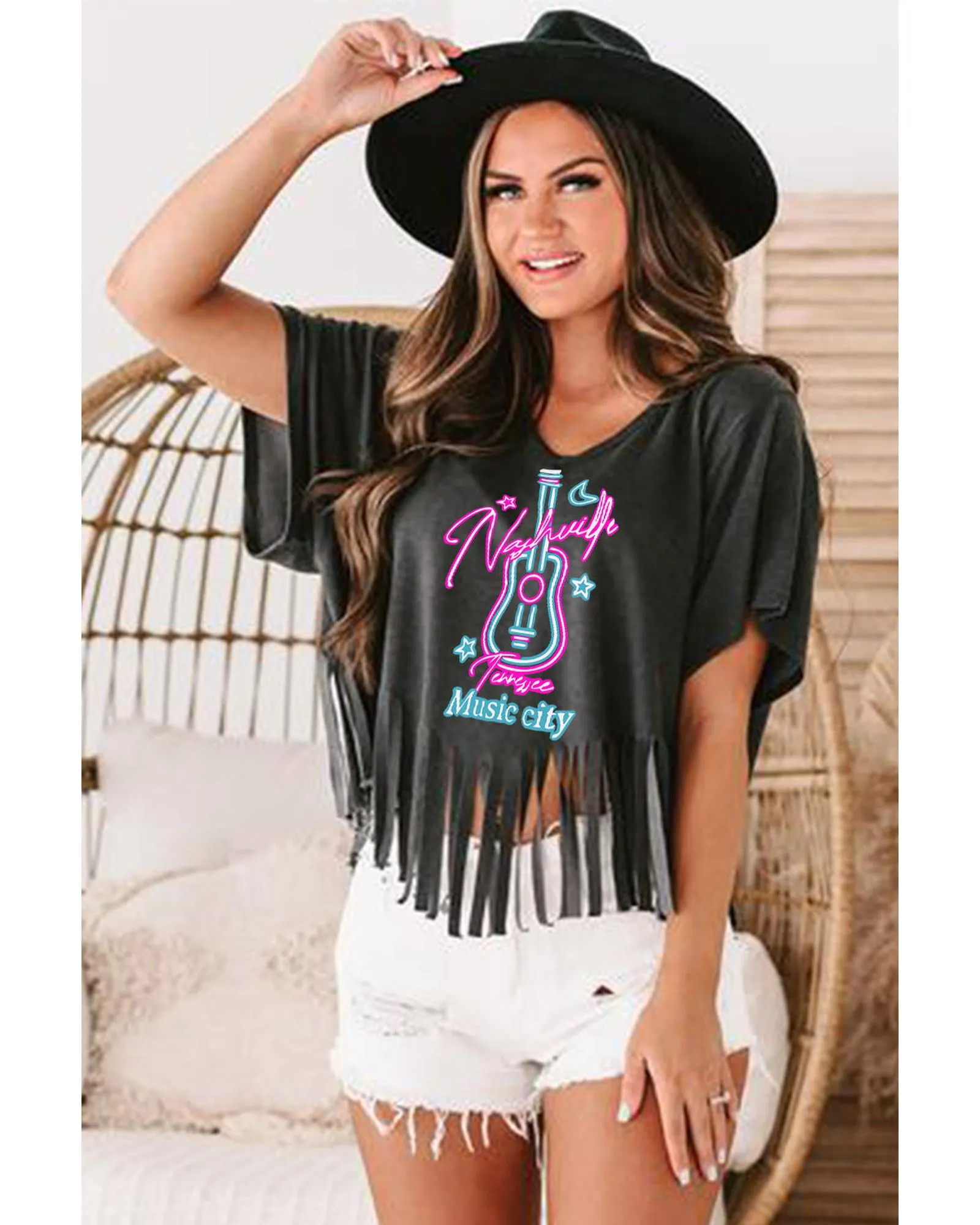 Azura Exchange Guitar Slogan Print Fringed V Neck Graphic Tee - XL