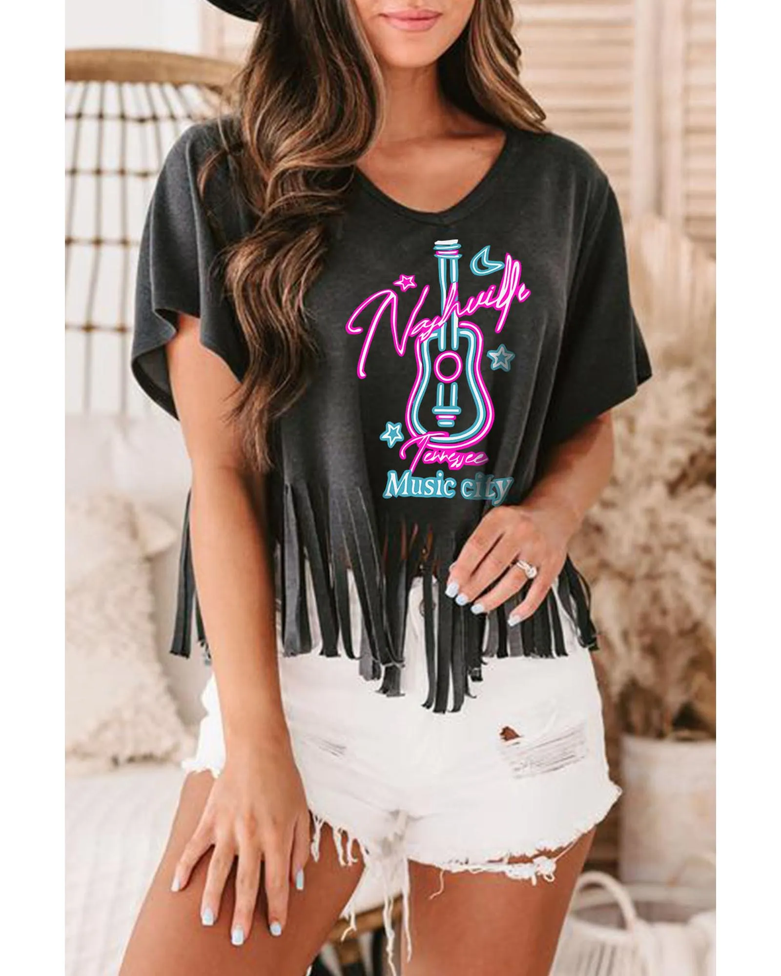 Azura Exchange Guitar Slogan Print Fringed V Neck Graphic Tee - XL