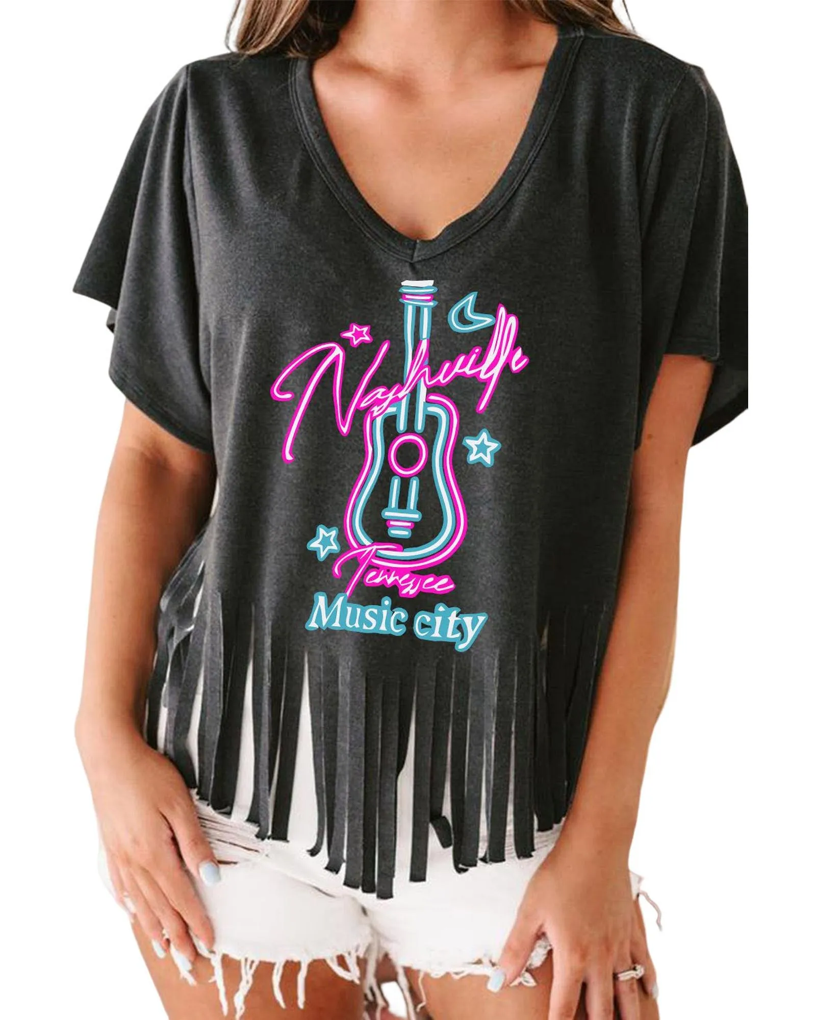 Azura Exchange Guitar Slogan Print Fringed V Neck Graphic Tee - XL
