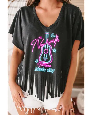 Azura Exchange Guitar Slogan Print Fringed V Neck Graphic Tee - XL