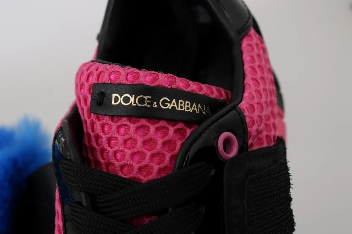 Black Leather Blue Fur Sneakers