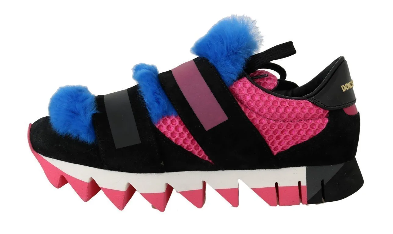 Black Leather Blue Fur Sneakers