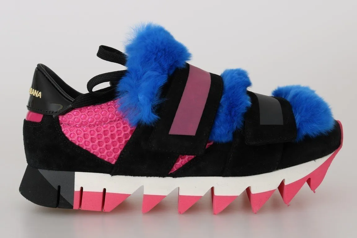 Black Leather Blue Fur Sneakers