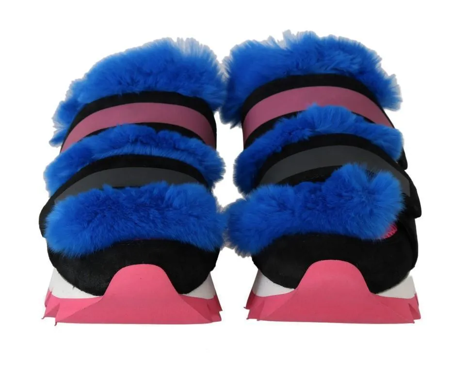 Black Leather Blue Fur Sneakers