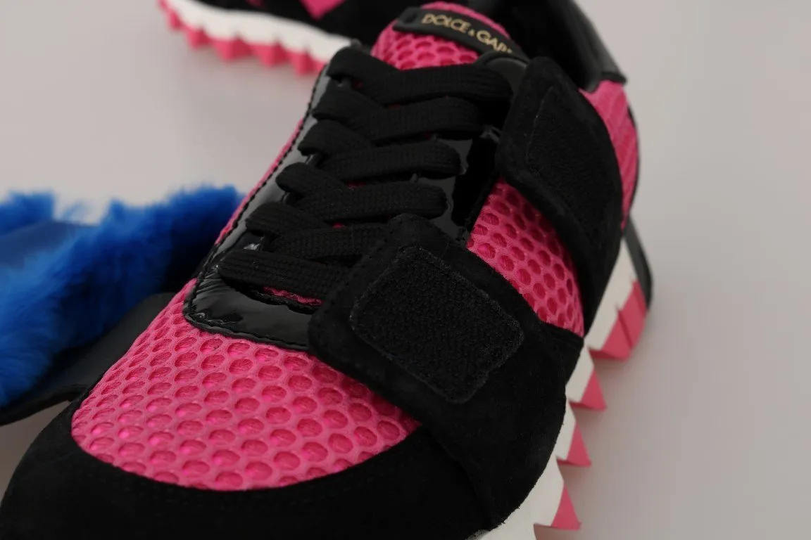 Black Leather Blue Fur Sneakers