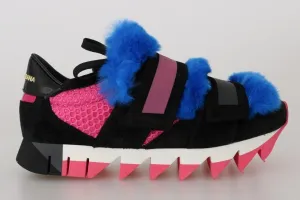 Black Leather Blue Fur Sneakers