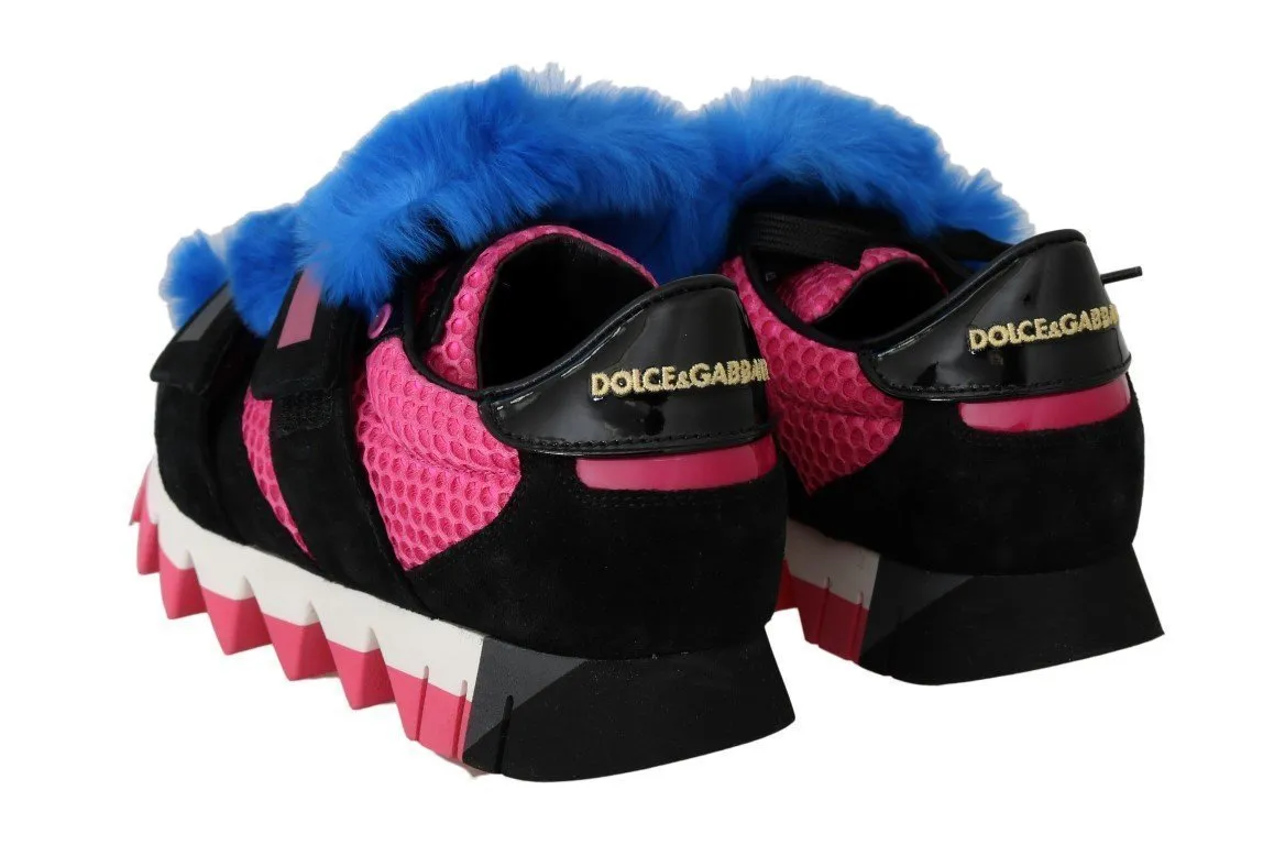 Black Leather Blue Fur Sneakers
