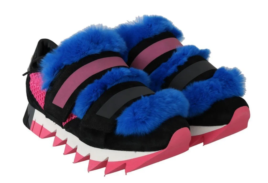 Black Leather Blue Fur Sneakers