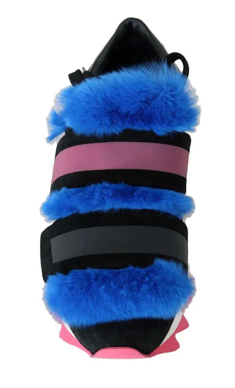 Black Leather Blue Fur Sneakers