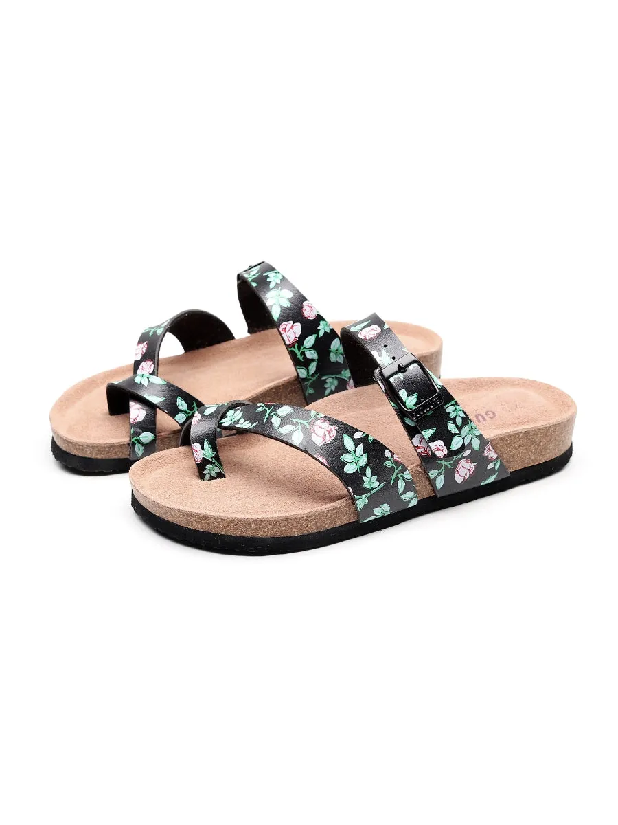Black Rose Buckle-Accent Suede Upper Sandals