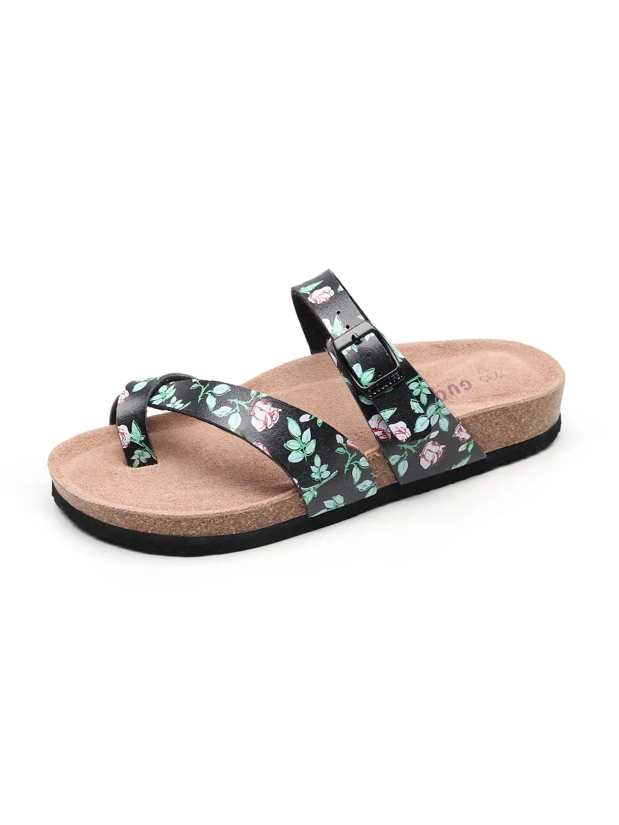 Black Rose Buckle-Accent Suede Upper Sandals