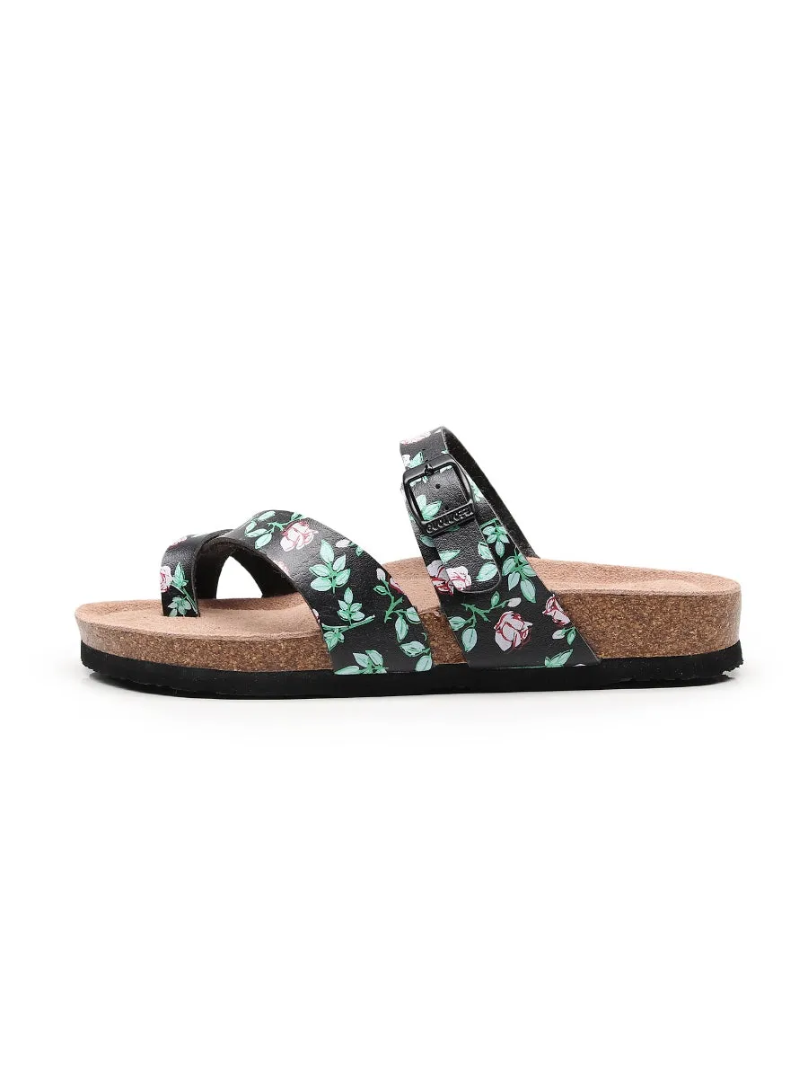 Black Rose Buckle-Accent Suede Upper Sandals