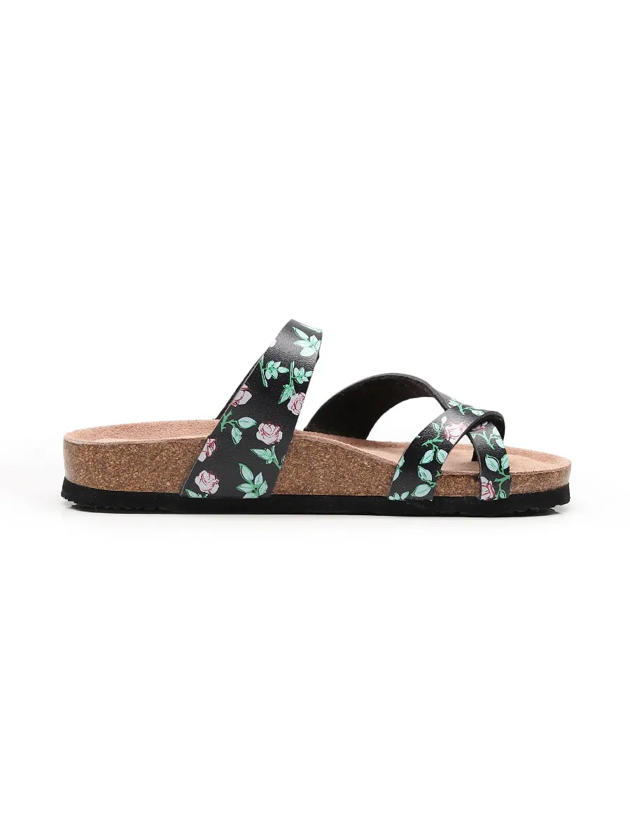 Black Rose Buckle-Accent Suede Upper Sandals