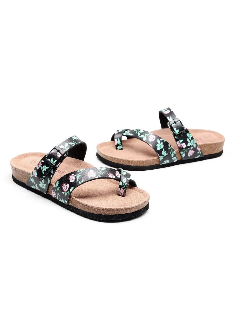 Black Rose Buckle-Accent Suede Upper Sandals