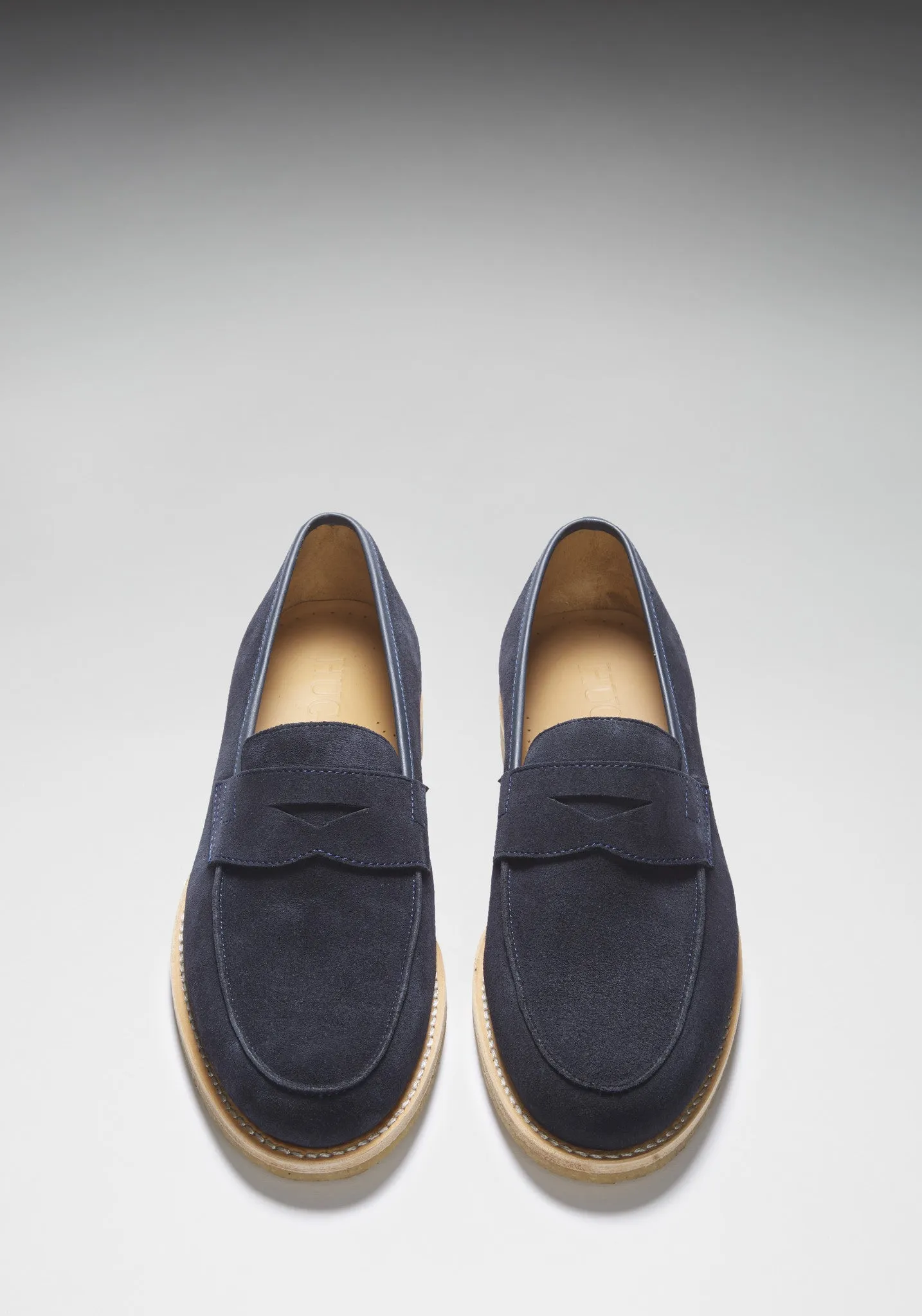 Blue Suede Loafers, Crepe Rubber Welted Sole