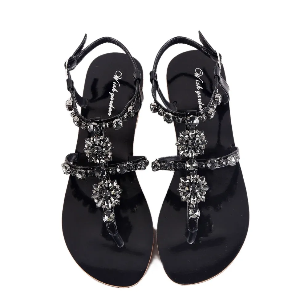 Bohemian Diamond T-Strap Thong Sandals with Rhinestones for Women
