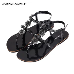 Bohemian Diamond T-Strap Thong Sandals with Rhinestones for Women