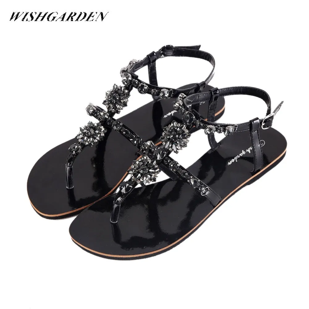 Bohemian Diamond T-Strap Thong Sandals with Rhinestones for Women