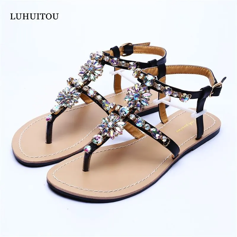 Bohemian Diamond T-Strap Thong Sandals with Rhinestones for Women