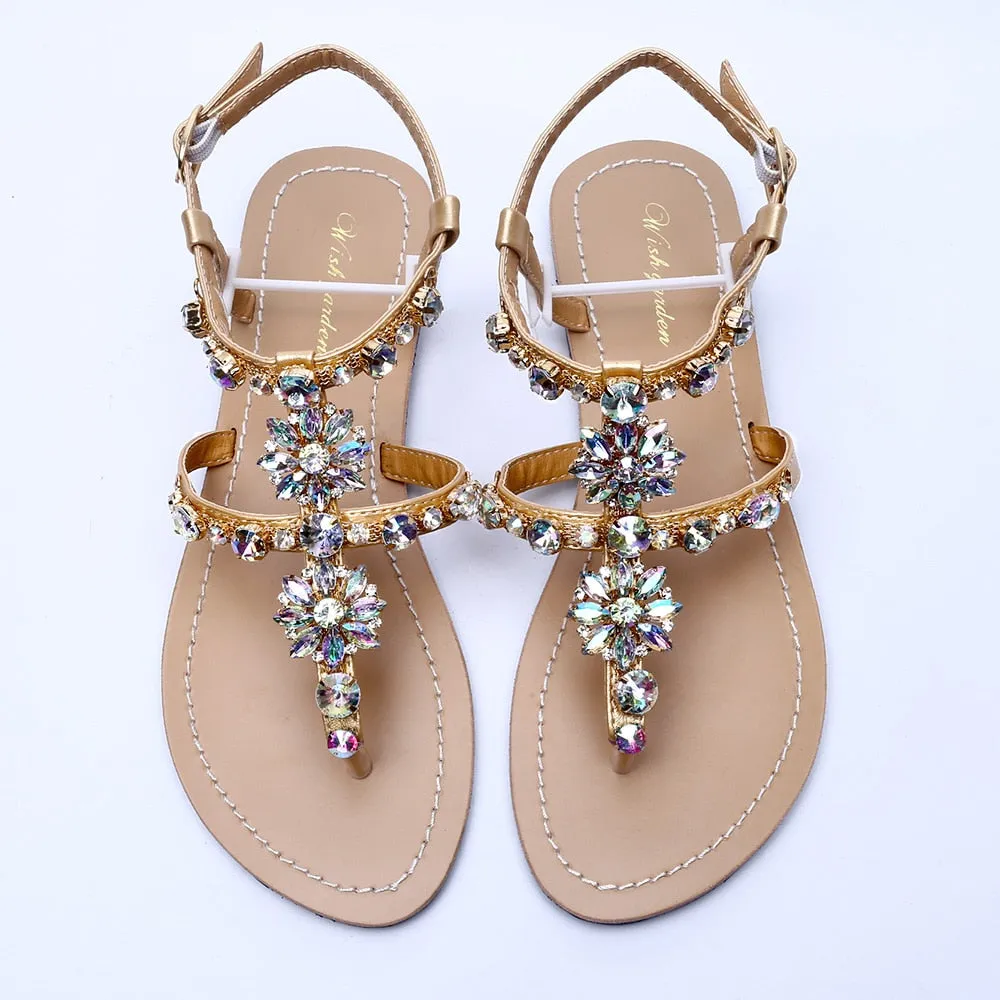 Bohemian Diamond T-Strap Thong Sandals with Rhinestones for Women