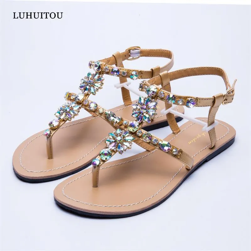 Bohemian Diamond T-Strap Thong Sandals with Rhinestones for Women