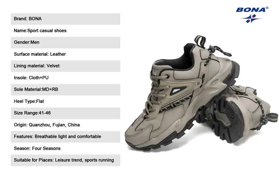 BONA 2022 Fashion Leather Breathable Casual Sneakers
