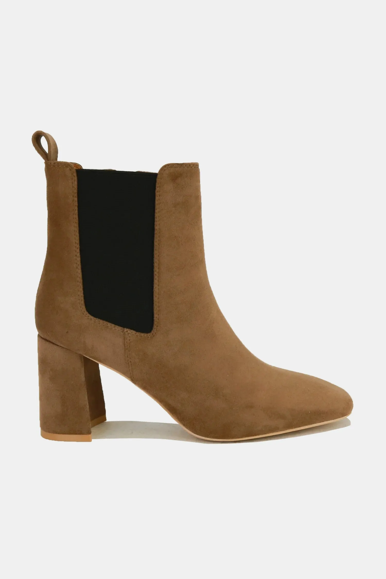 Coffee Brown Faux Suede Block Heel Chelsea Boots with Elastic Side Panel