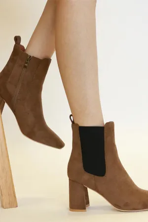 Coffee Brown Faux Suede Block Heel Chelsea Boots with Elastic Side Panel