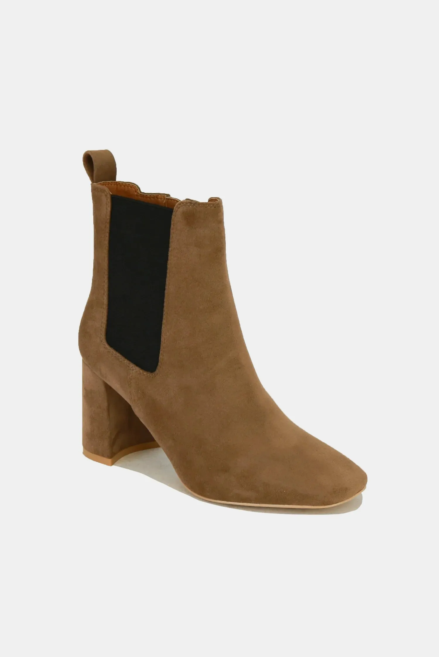 Coffee Brown Faux Suede Block Heel Chelsea Boots with Elastic Side Panel