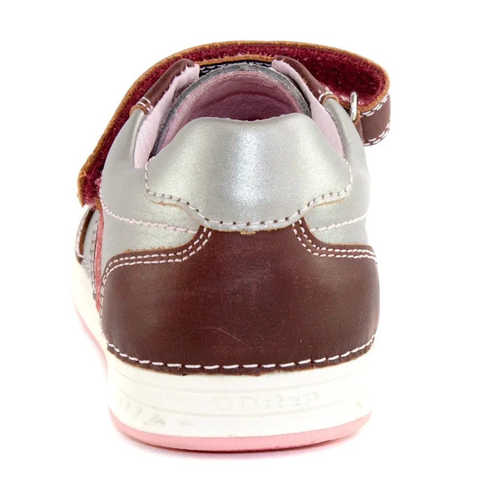 D.D. Step Big Kid Girl Double Strap Shoes Metal And Light Pink With Maroon - Supportive Leather From Europe Kids Orthopedic