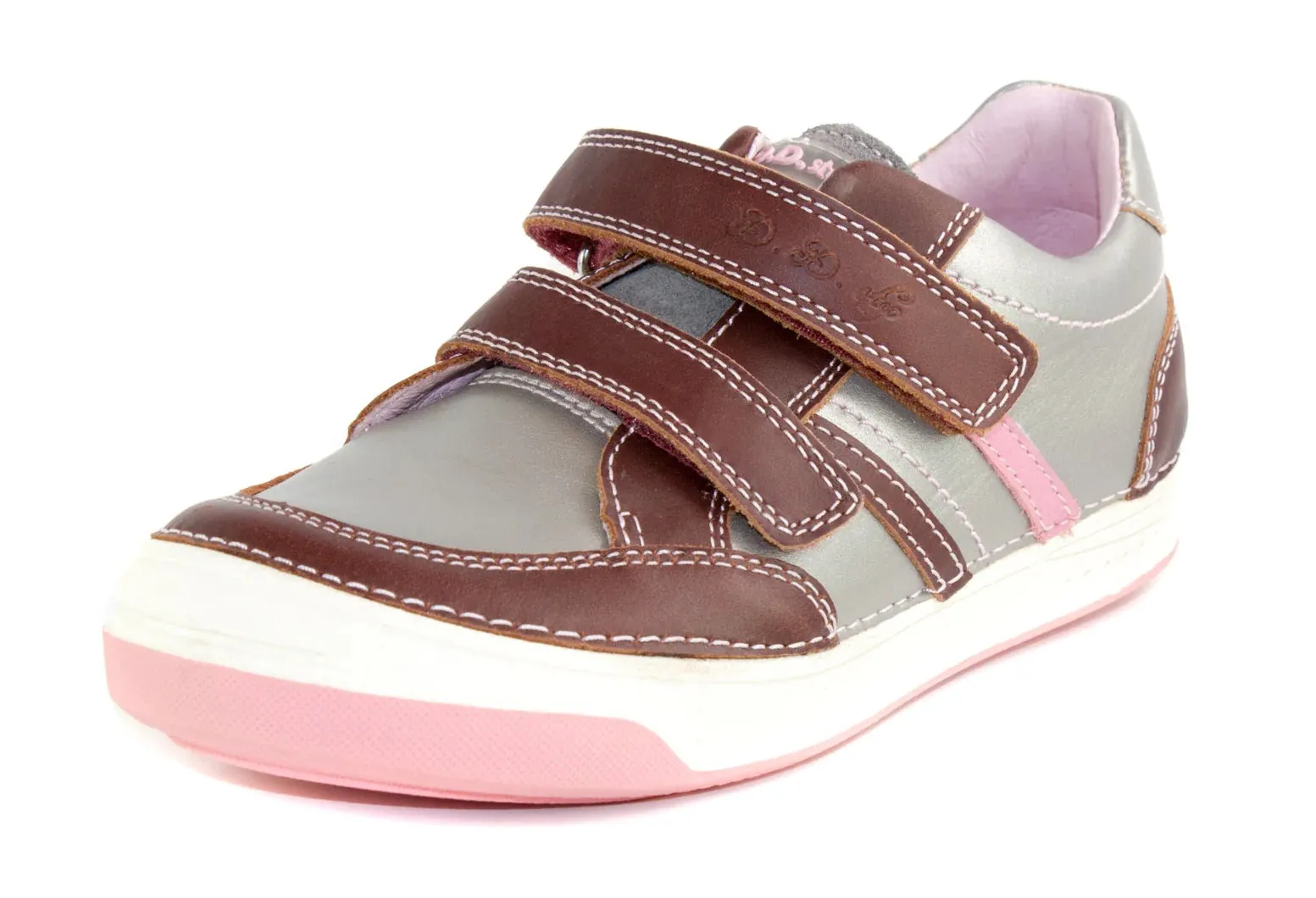 D.D. Step Big Kid Girl Double Strap Shoes Metal And Light Pink With Maroon - Supportive Leather From Europe Kids Orthopedic
