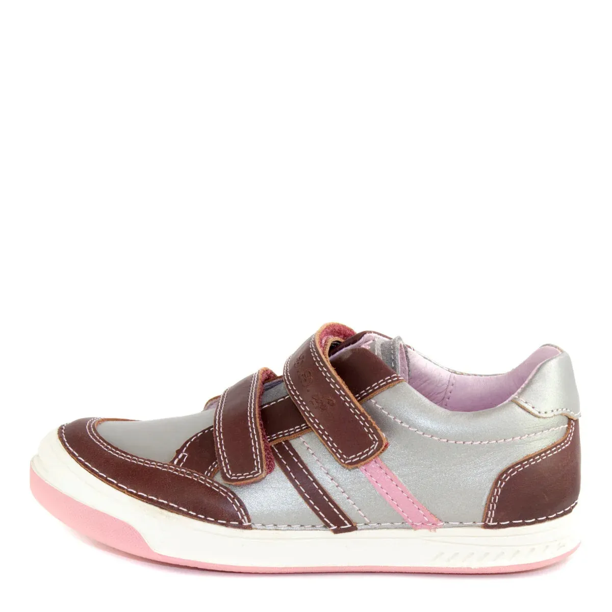 D.D. Step Big Kid Girl Double Strap Shoes Metal And Light Pink With Maroon - Supportive Leather From Europe Kids Orthopedic