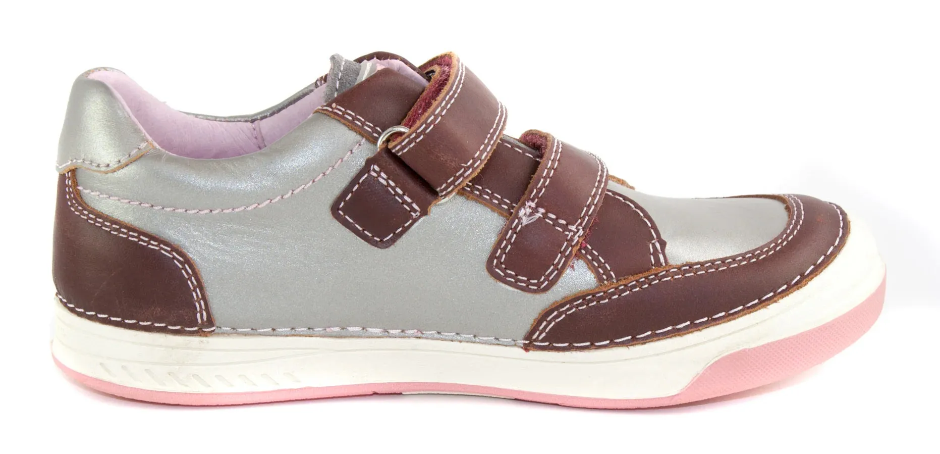D.D. Step Big Kid Girl Double Strap Shoes Metal And Light Pink With Maroon - Supportive Leather From Europe Kids Orthopedic