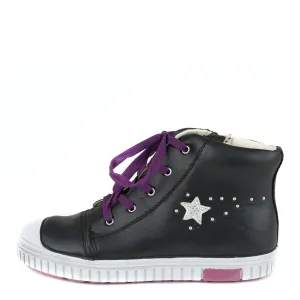 D.D. Step Big Kid Girl High-Top Shoes Black With Silver Star Decor - Supportive Leather From Europe Kids Orthopedic