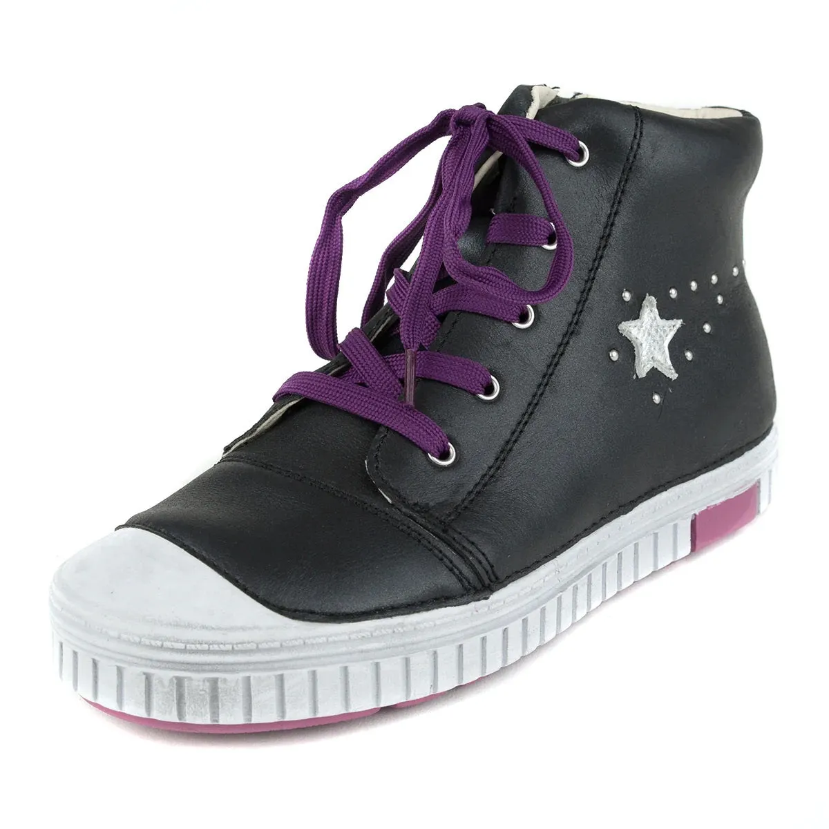 D.D. Step Big Kid Girl High-Top Shoes Black With Silver Star Decor - Supportive Leather From Europe Kids Orthopedic