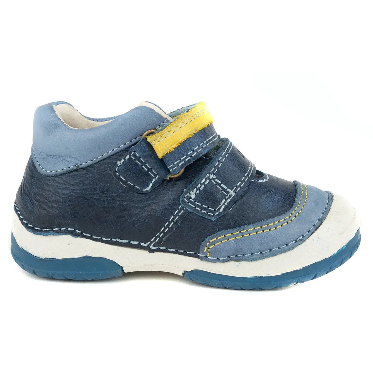 D.D. Step Toddler Boy Shoes Dark Blue With Yellow And Decor - Supportive Leather From Europe Kids Orthopedic