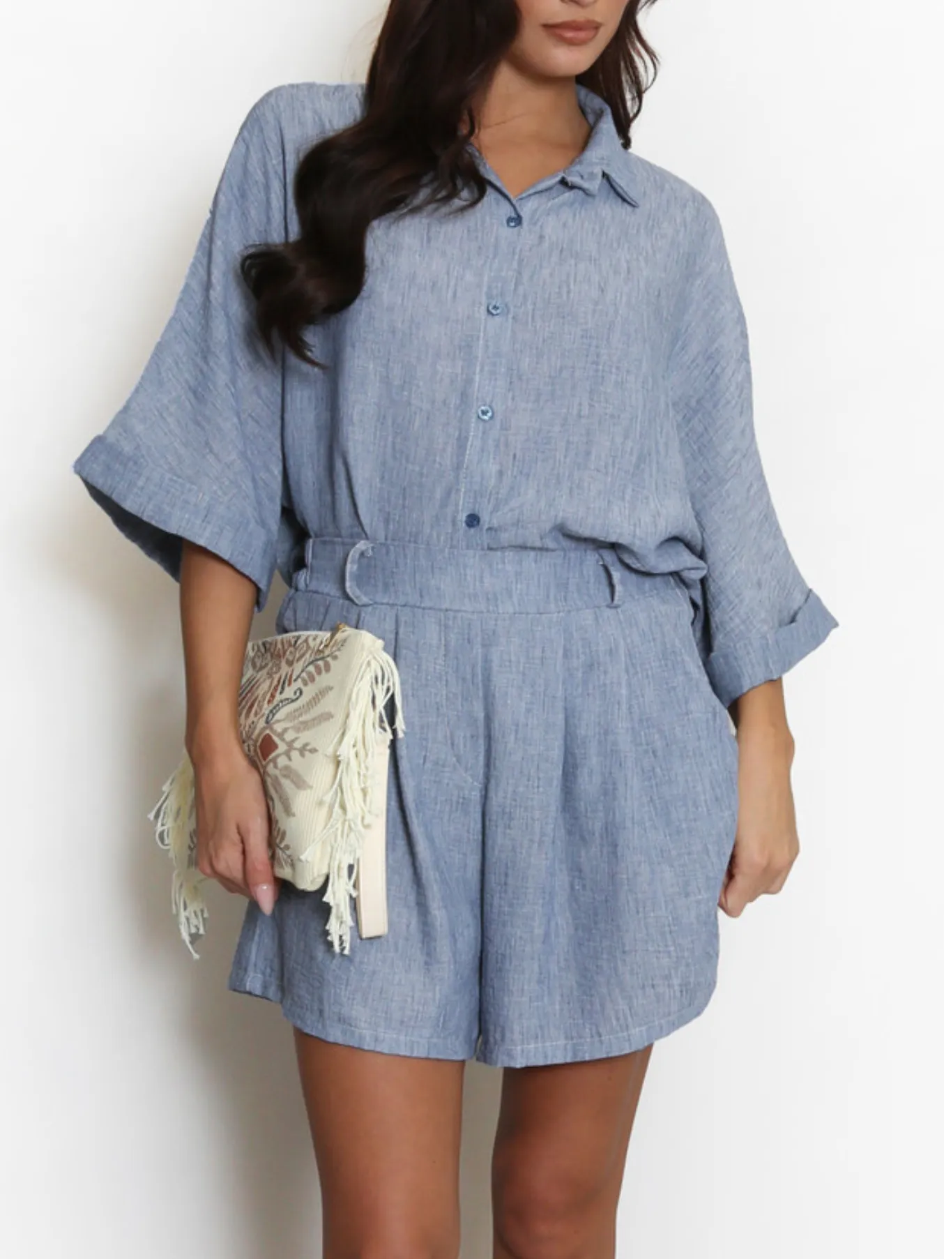 Denim Blue Linen Look Shorts Set