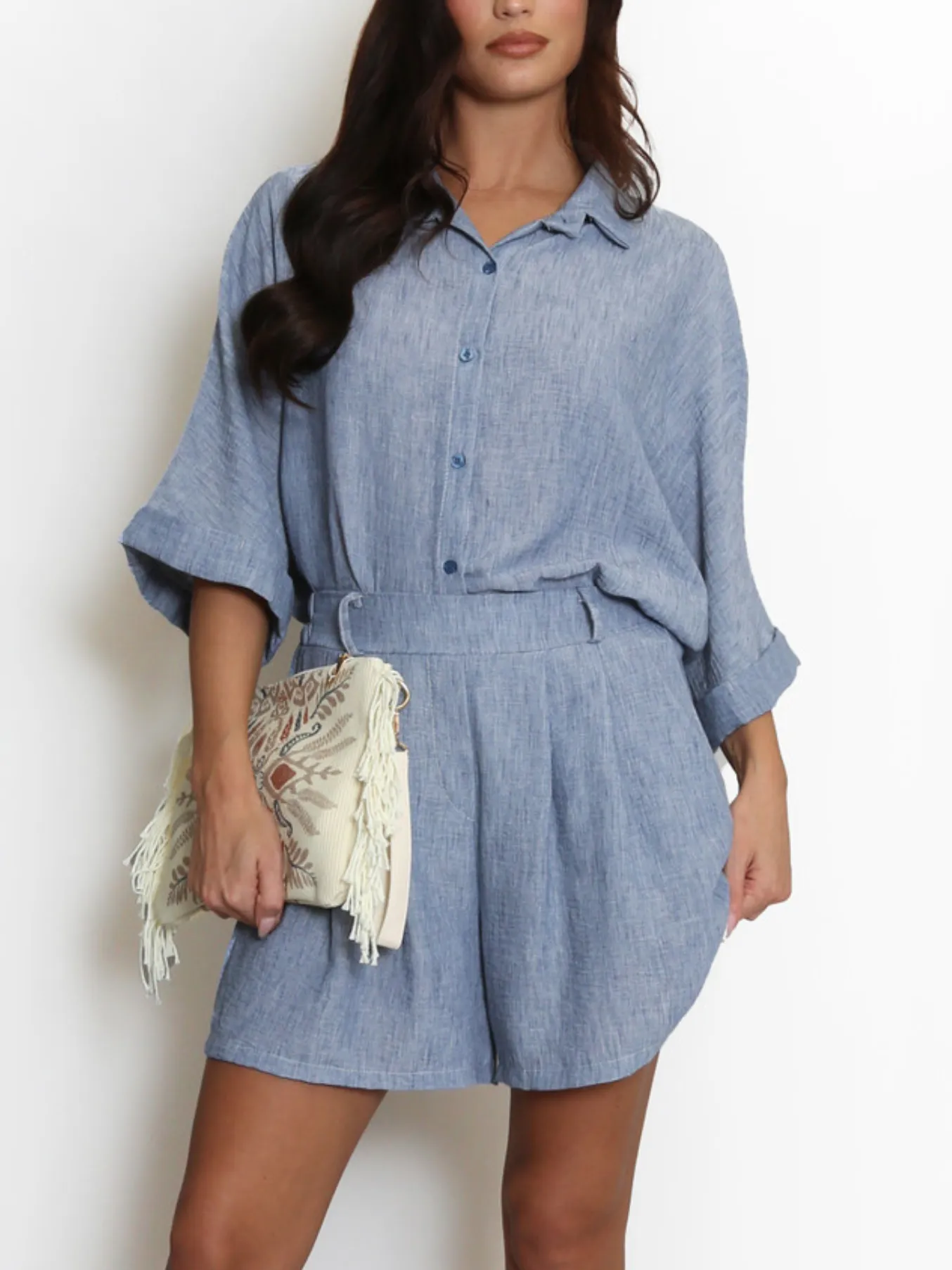 Denim Blue Linen Look Shorts Set