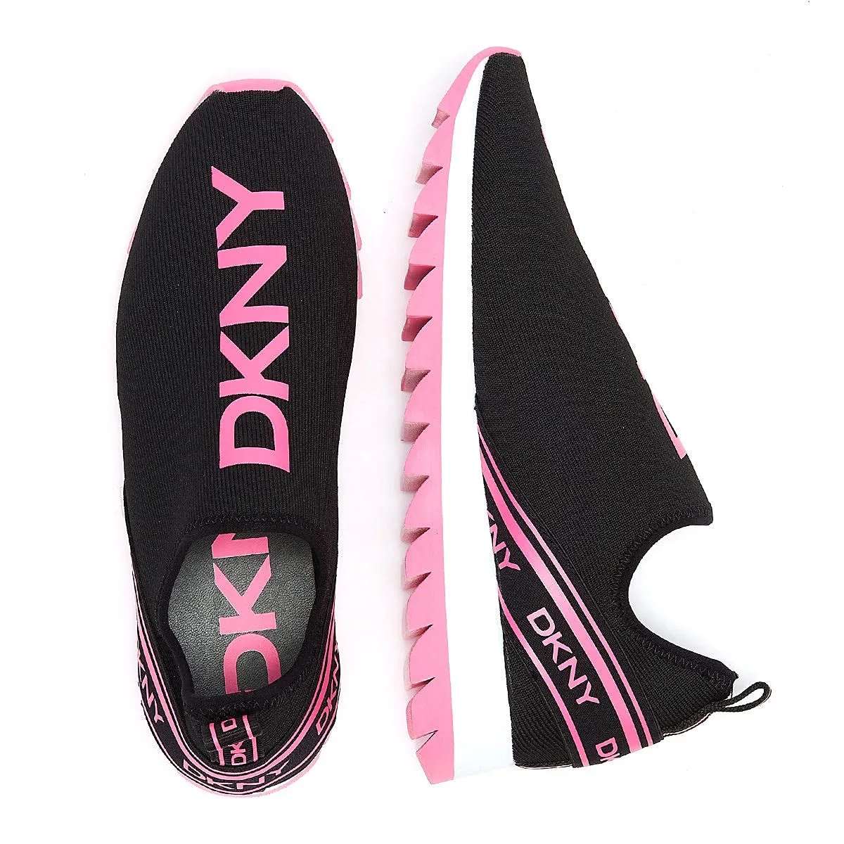DKNY Women's Lightweight Slip on Fashion Sneaker, Black/NEON Pink Abbi, 8