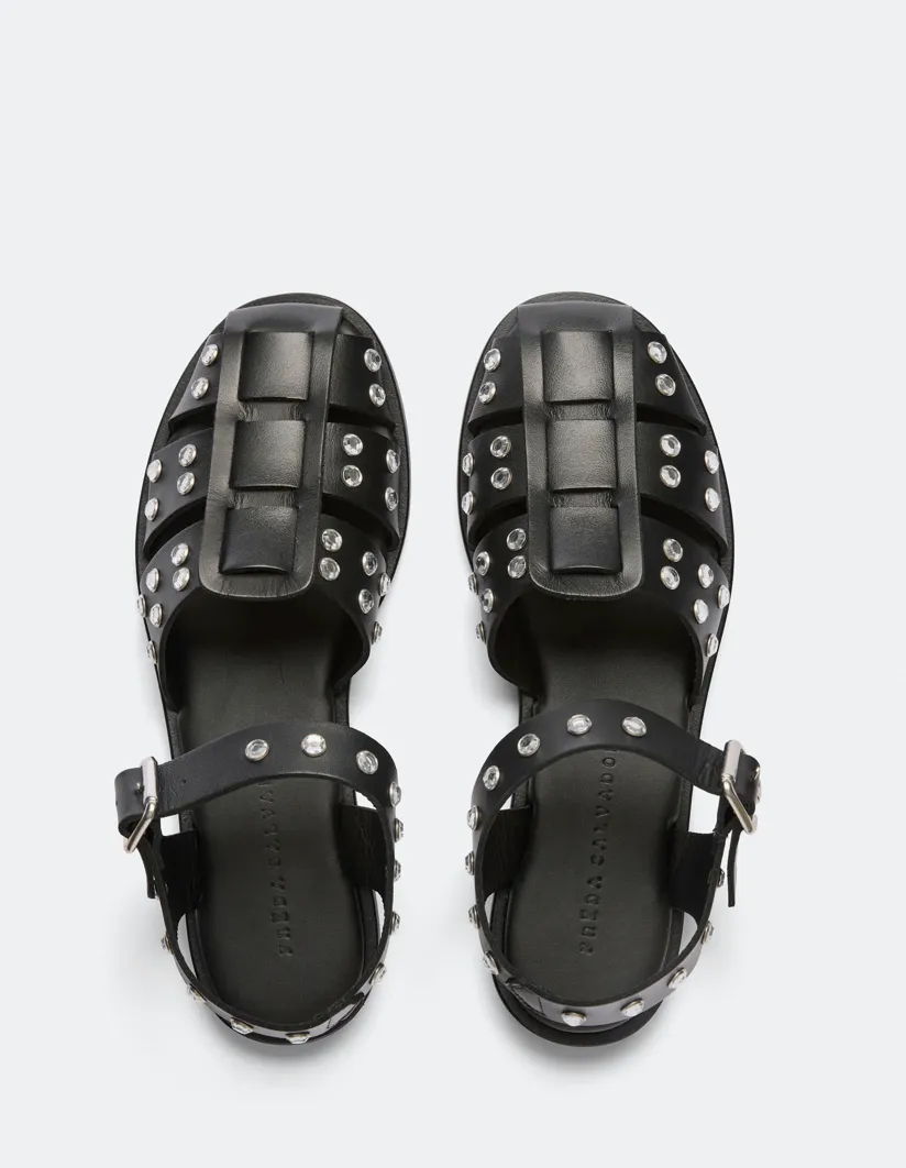 FRĒDA SALVADORA: SERA FISHERMAN BLACK CALF WITH CRYSTAL GEMS