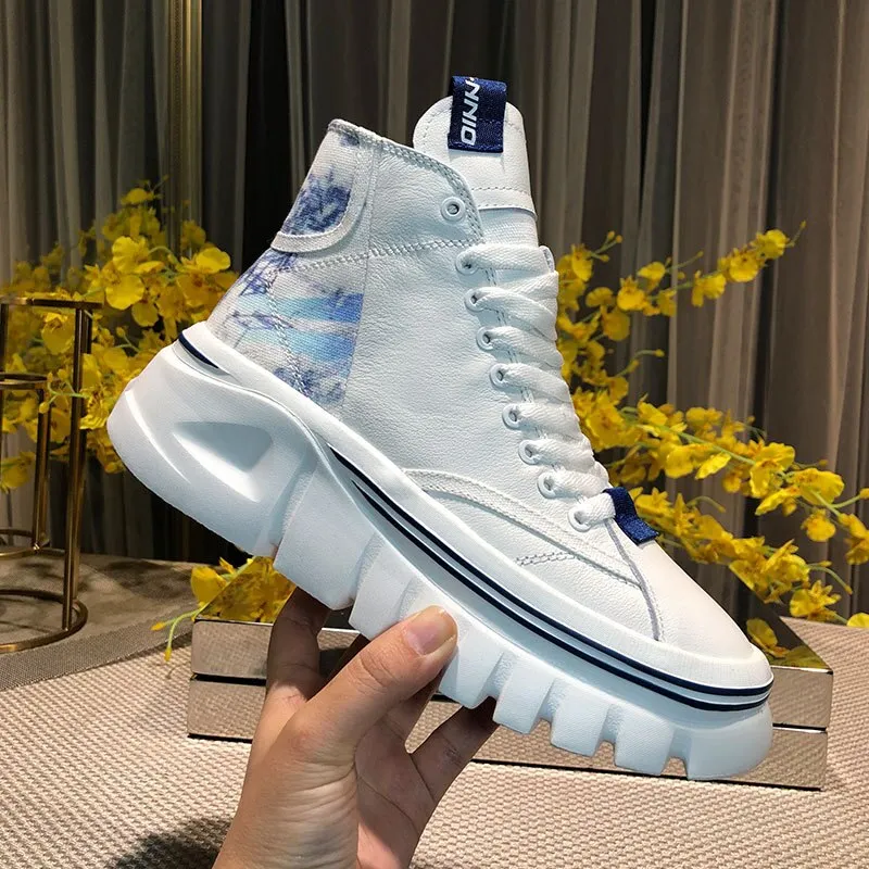 Genuine Leather High-Top Platform Women's Sneakers