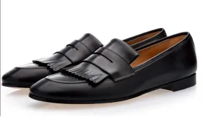 Handmade Black Fringe Leather Penny Loafers for Men