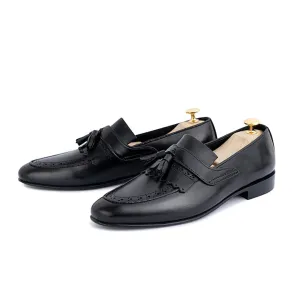 Handmade Black Leather Fringe Tassel Loafers for Men