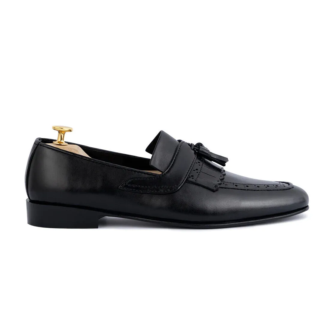 Handmade Black Leather Fringe Tassel Loafers for Men